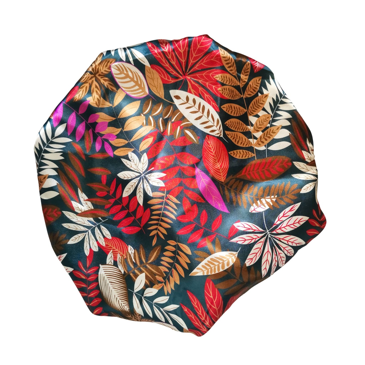paradise print satin bonnet with leaves and frill finish - green print view
