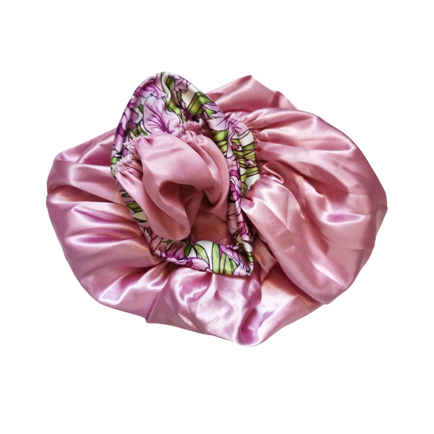 Hair wrap heaven comfort satin bonnet with floral band - pink inside view