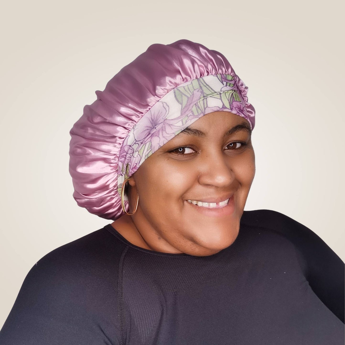 Hair wrap heaven comfort satin bonnet with floral band - pink model shot