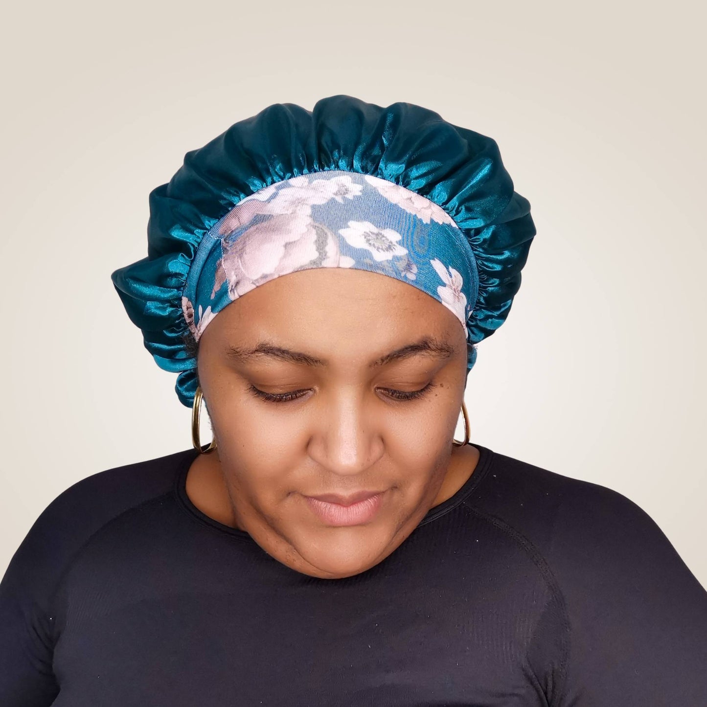 Hair wrap heaven comfort satin bonnet with floral band - emerald green model shot