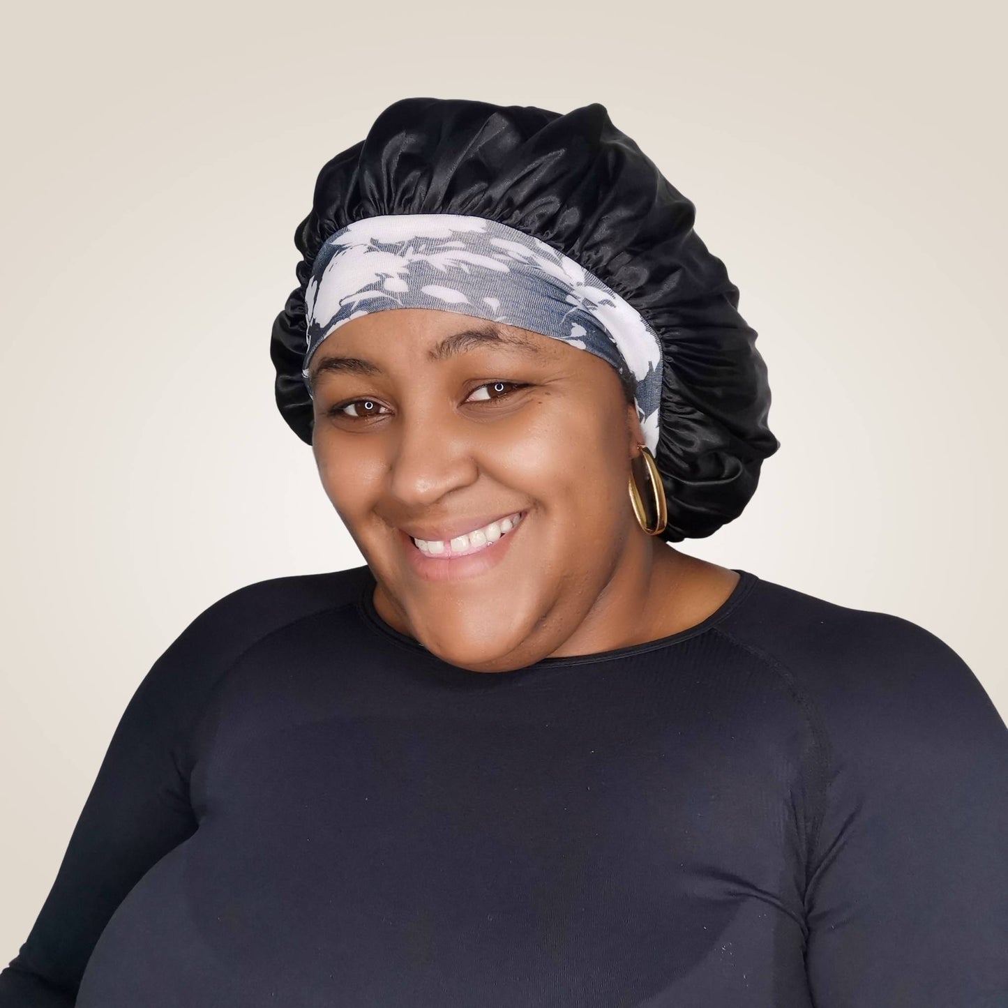 Hair wrap heaven comfort satin bonnet with floral band - black model shot