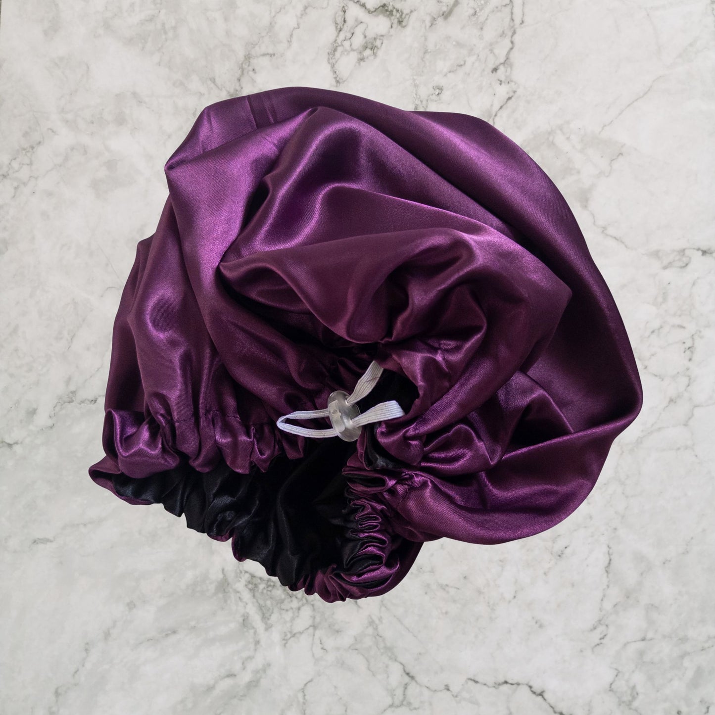 Hair Wrap Heaven STAY ON satin bonnet with adjustable elastic - Purple elastic view