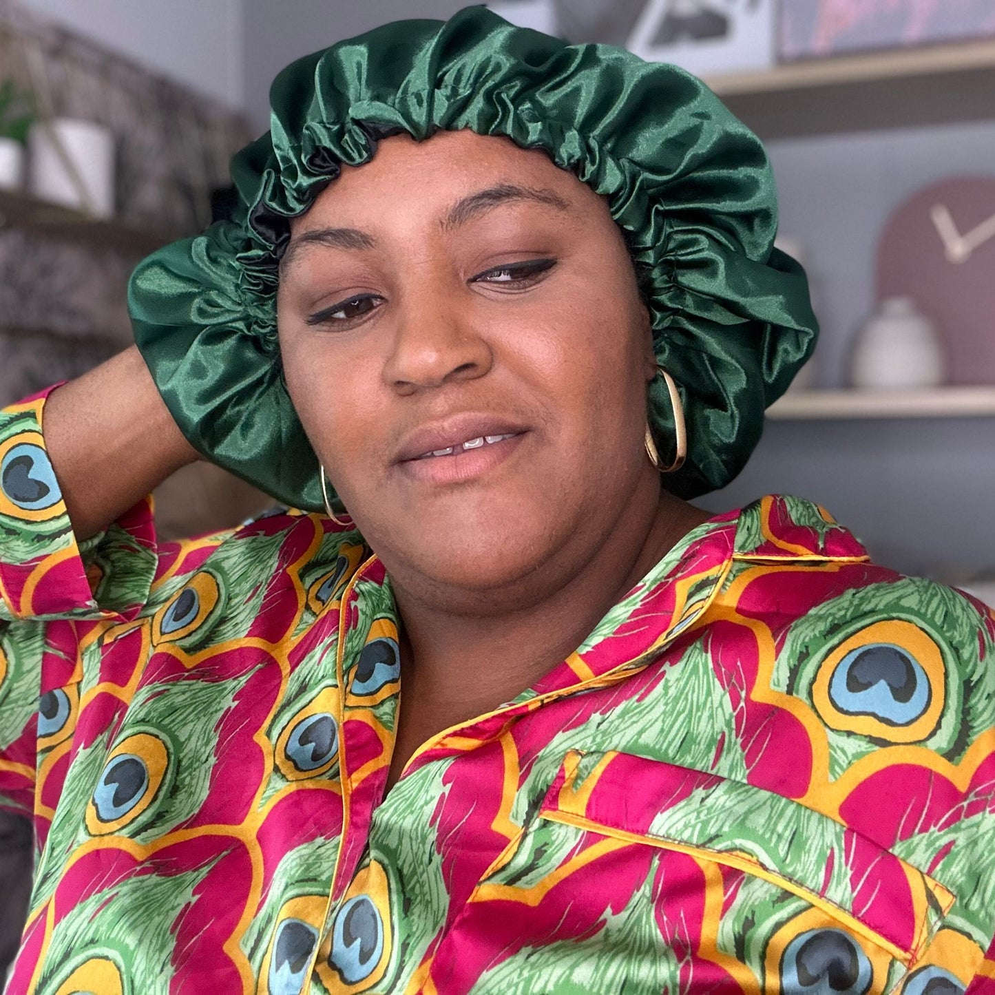 Hair Wrap Heaven vegan silk satin bonnet with adjustable elastic - bottle green model shot