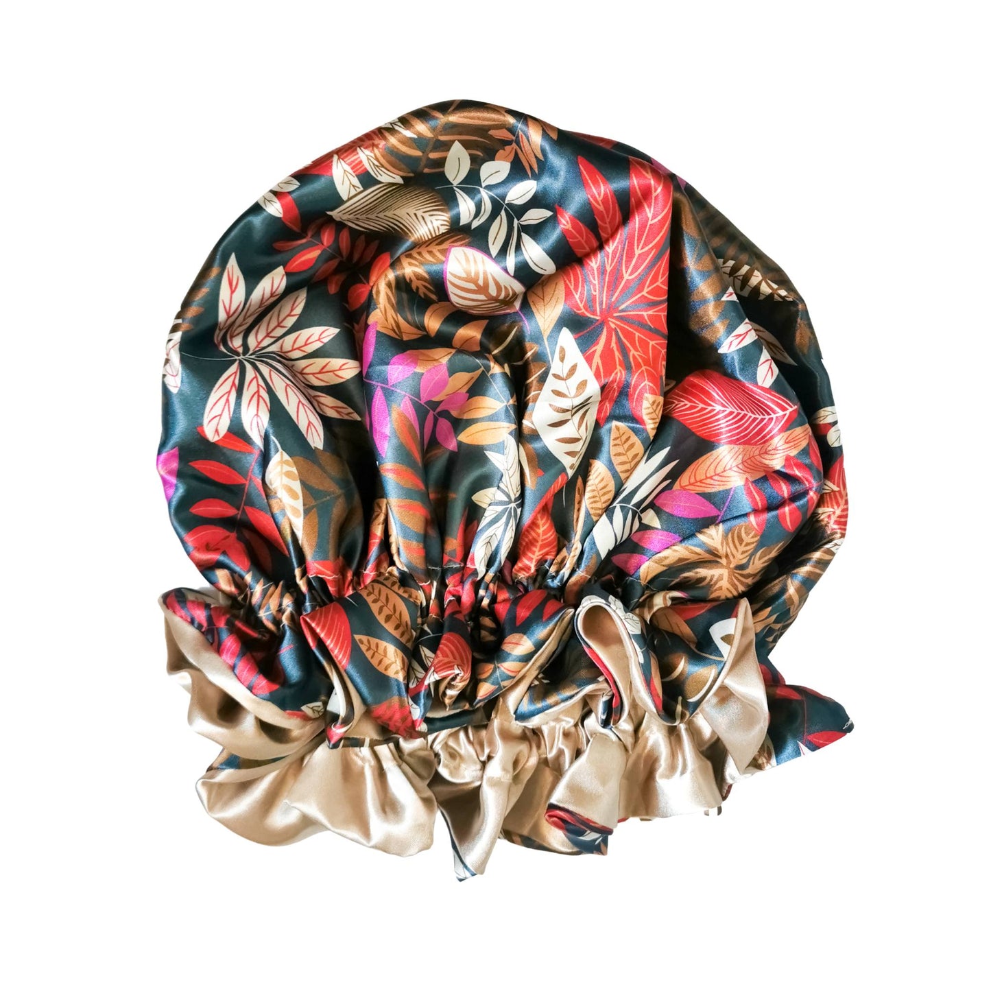 paradise print satin bonnet with leaves and frill finish - green with beige lining