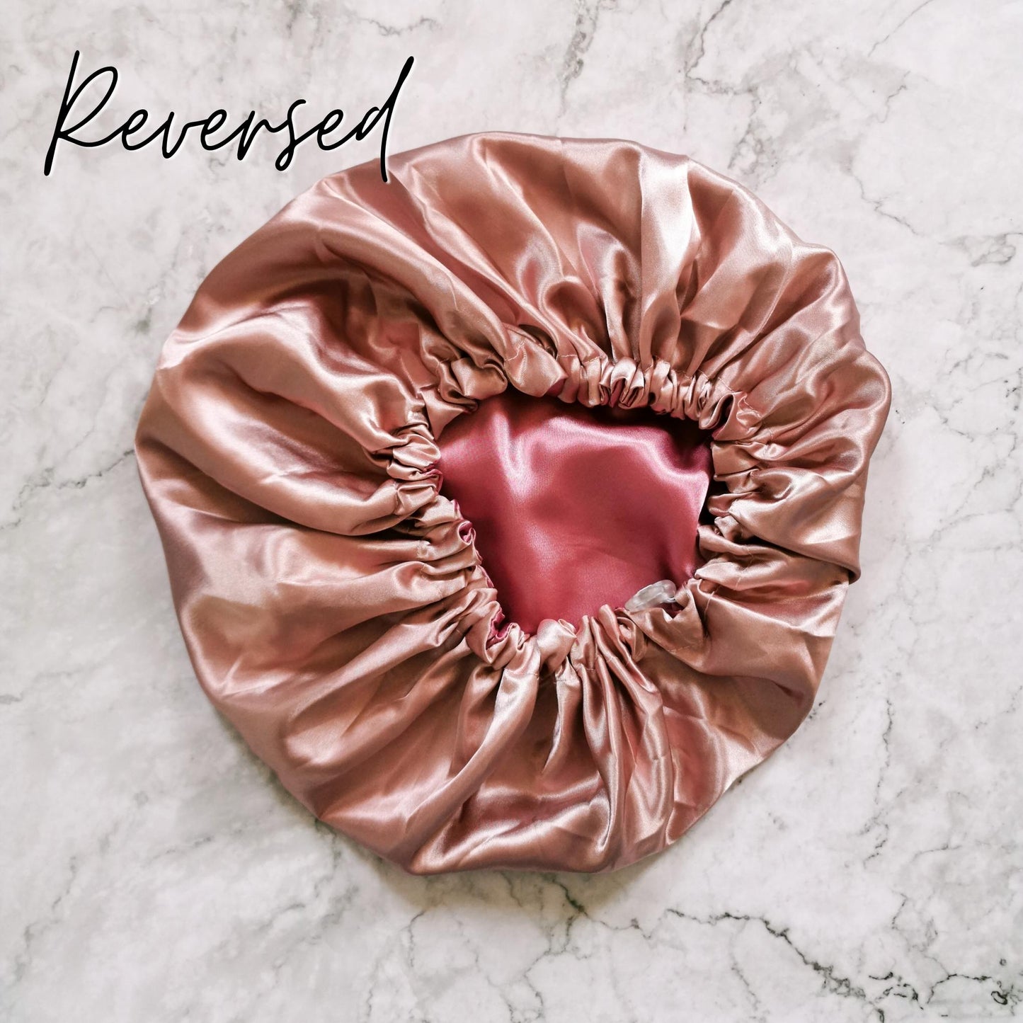Hair Wrap Heaven Stays on satin bonnet-Rose and blush reversed