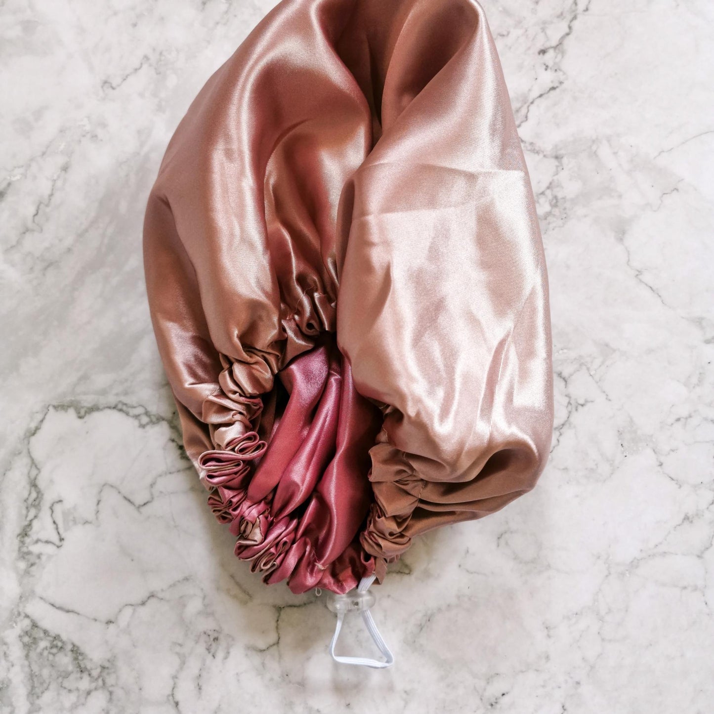 Hair Wrap Heaven Stays on satin bonnet-Rose and blush draw string view