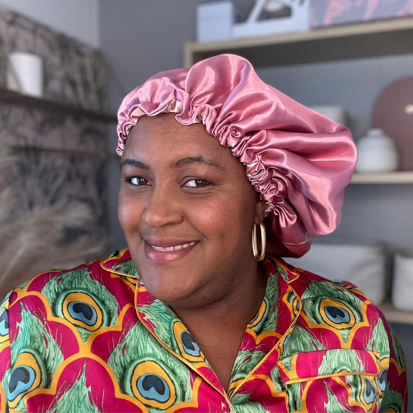 Hair Wrap Heaven Stays on satin bonnet-Rose and blush model view