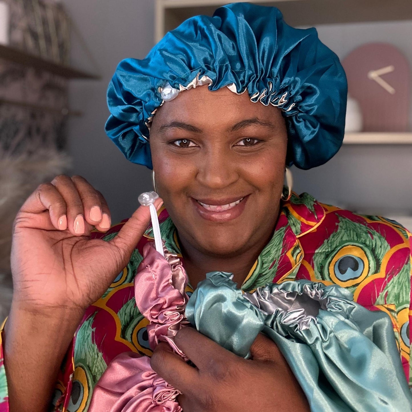 Hair Wrap Heaven Stays on satin bonnet-Rose teal and sage model view