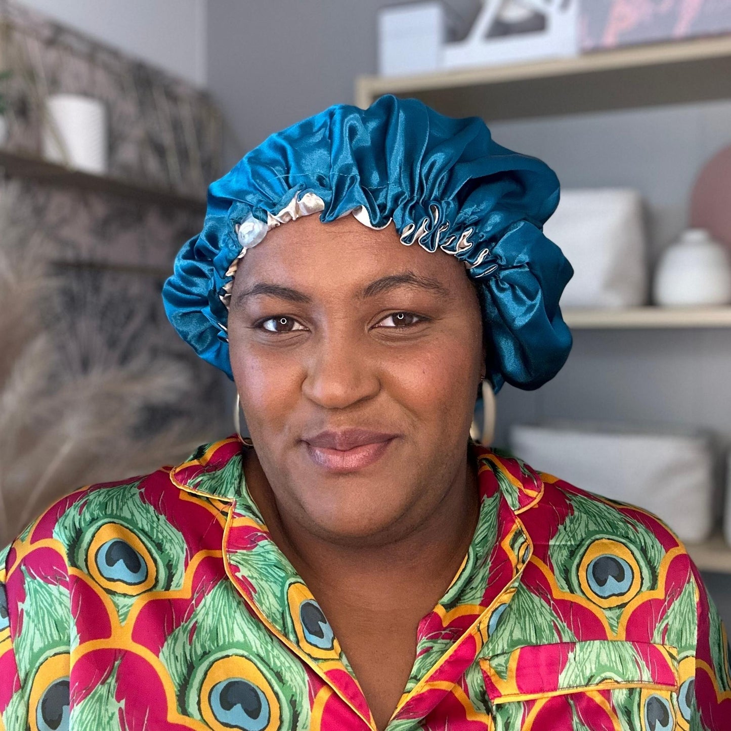 Hair wrap heaven Stays on satin bonnet - teal and nude model view