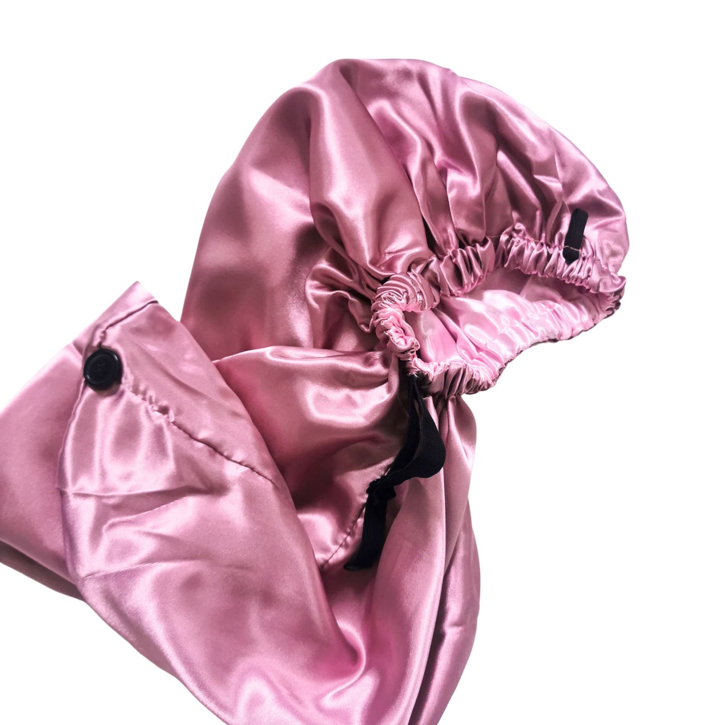 long satin bonnet in pale mauve - elastic and button view