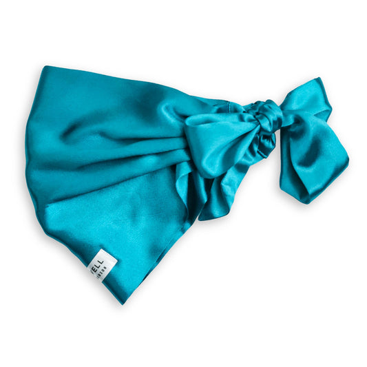 satin hair wrap with sleep well label peacock teal hair wrap ties