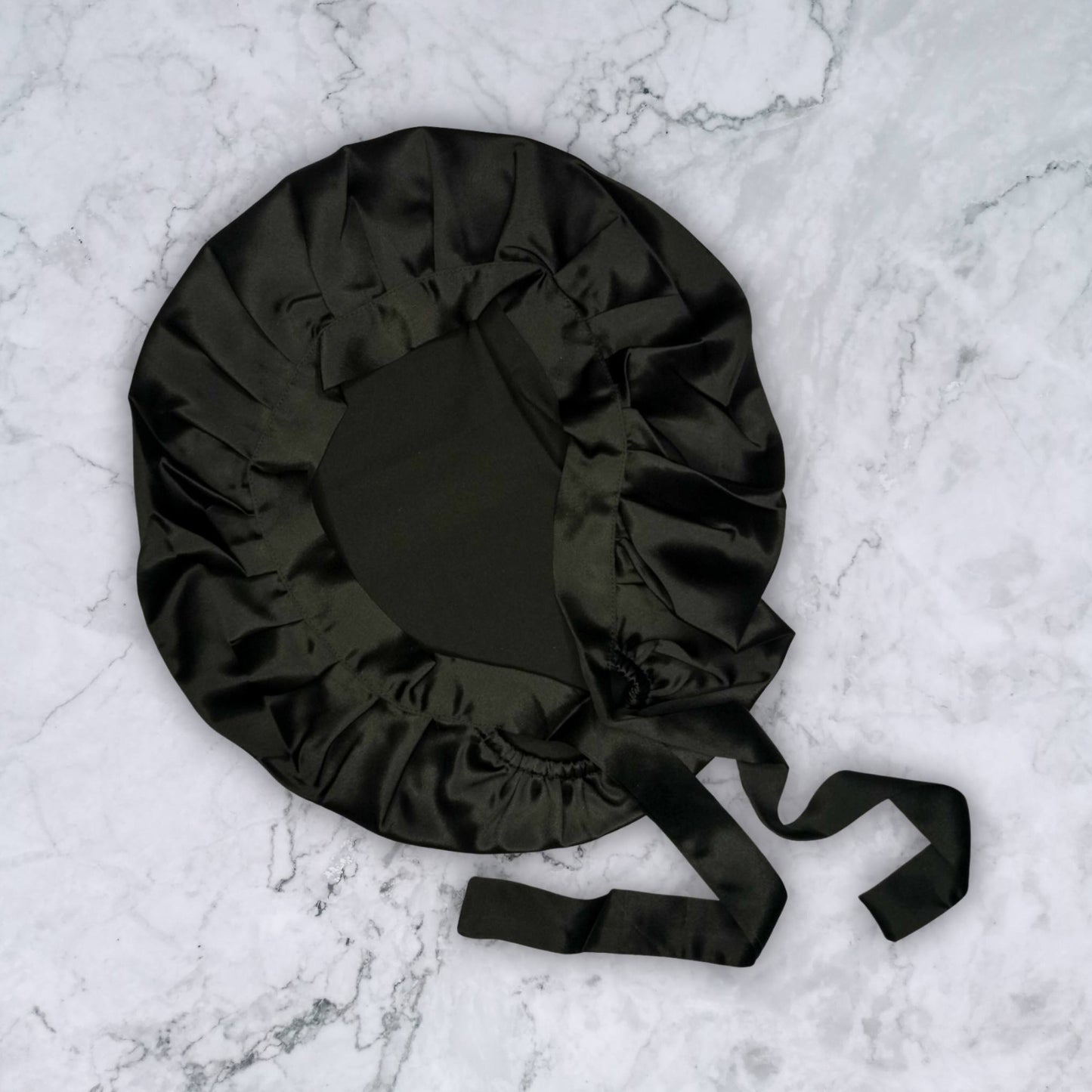 SILK HAIR WRAP FOR SLEEPING - BLACK SILK BONNET WITH TIES FLAT INTERNAL VIEW
