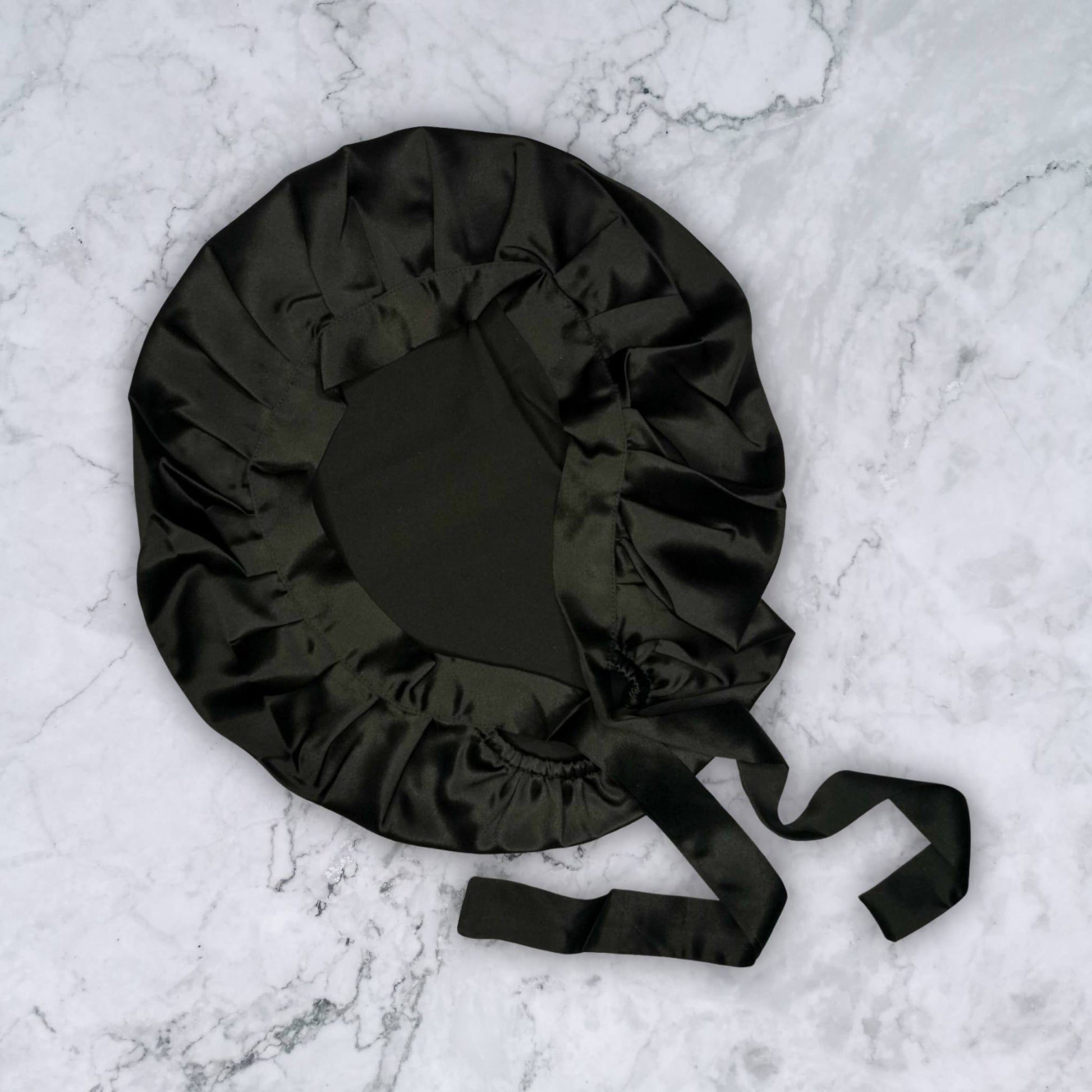 SILK HAIR WRAP FOR SLEEPING - BLACK SILK BONNET WITH TIES FLAT INTERNAL VIEW