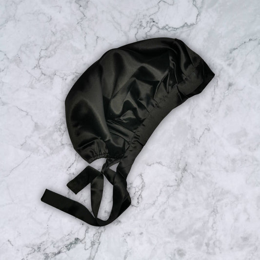 SILK HAIR WRAP FOR SLEEPING - BLACK SILK BONNET WITH TIES SIDE VIEW