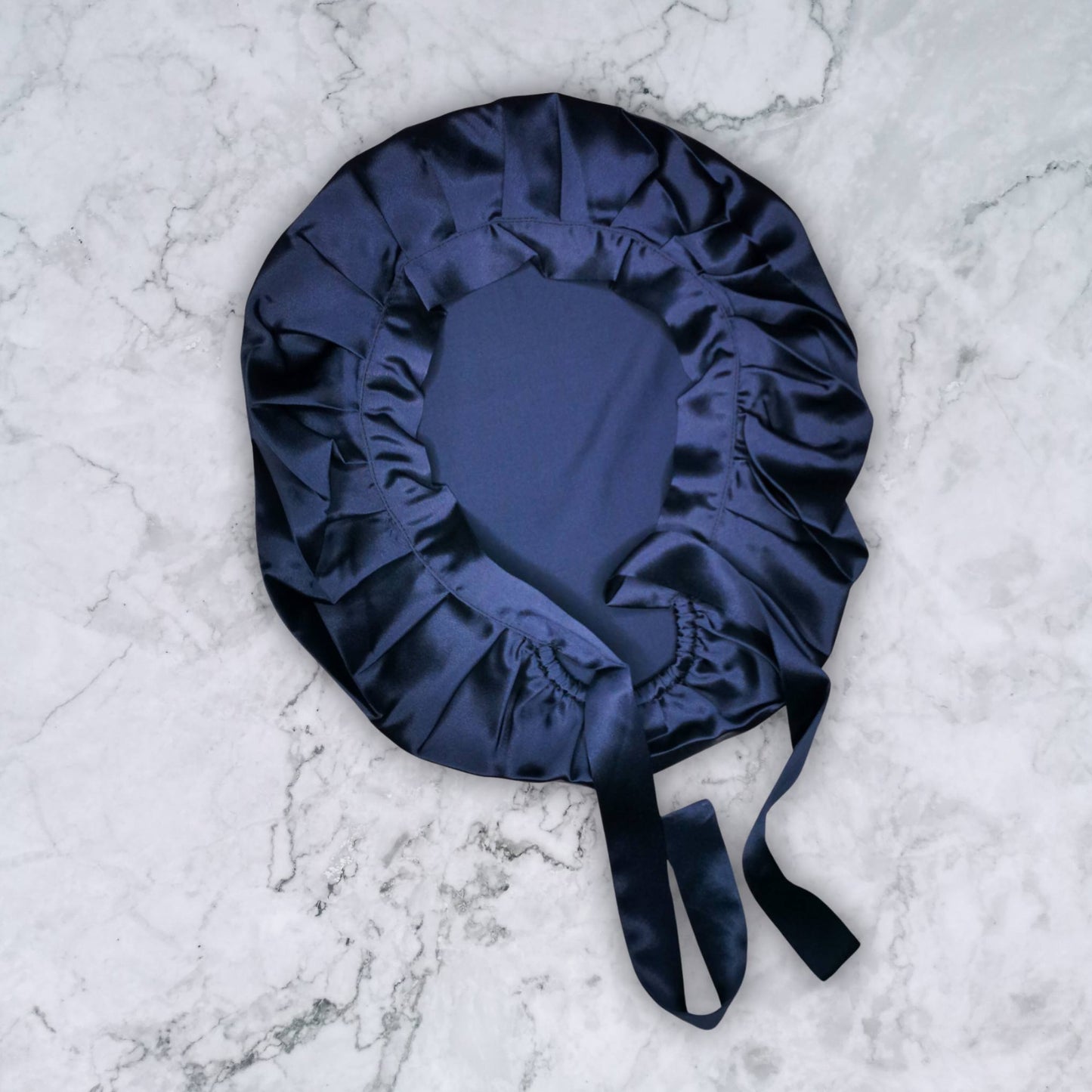 SILK HAIR WRAP FOR SLEEPING - NAVY SILK BONNET FLAT VIEW