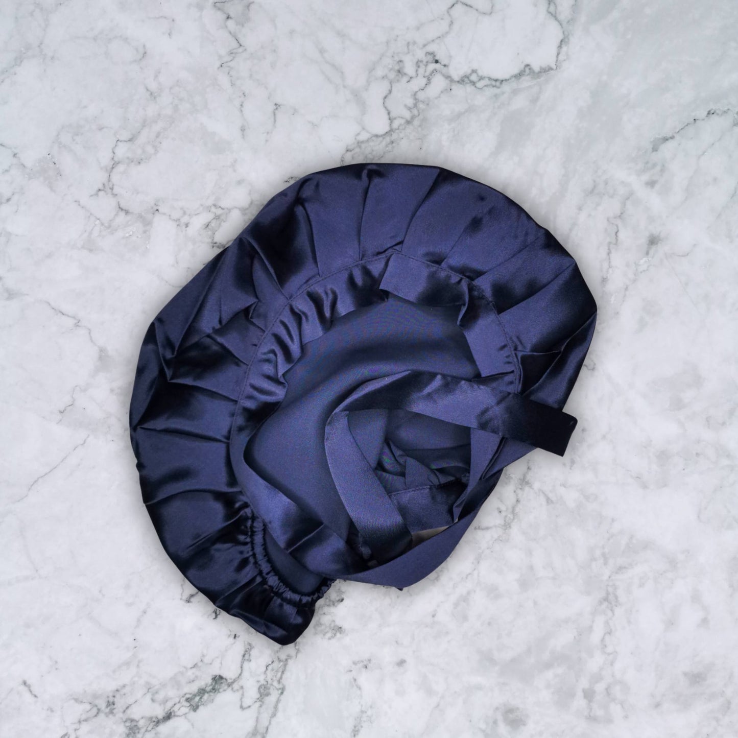 SILK HAIR WRAP FOR SLEEPING - NAVY SILK BONNET INTERNAL VIEW