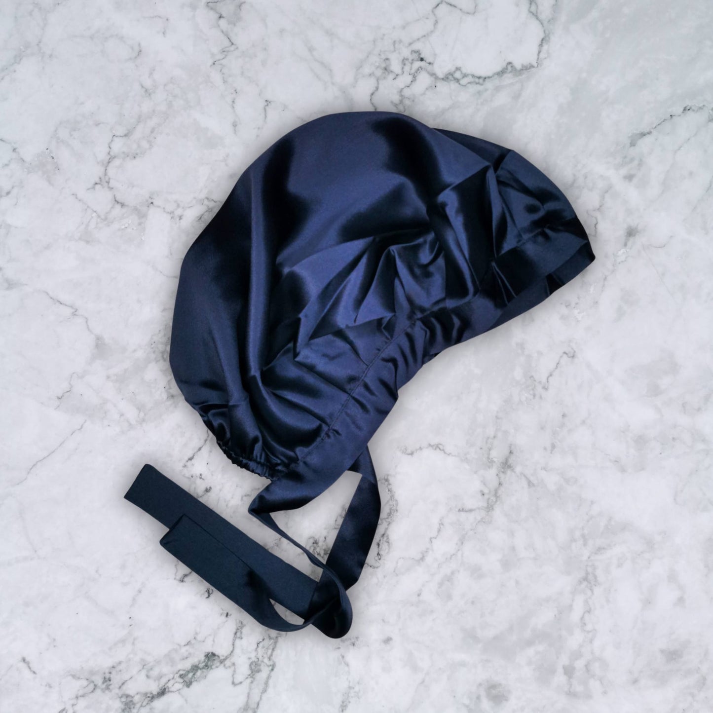 SILK HAIR WRAP FOR SLEEPING - NAVY SILK BONNET SIDE VIEW