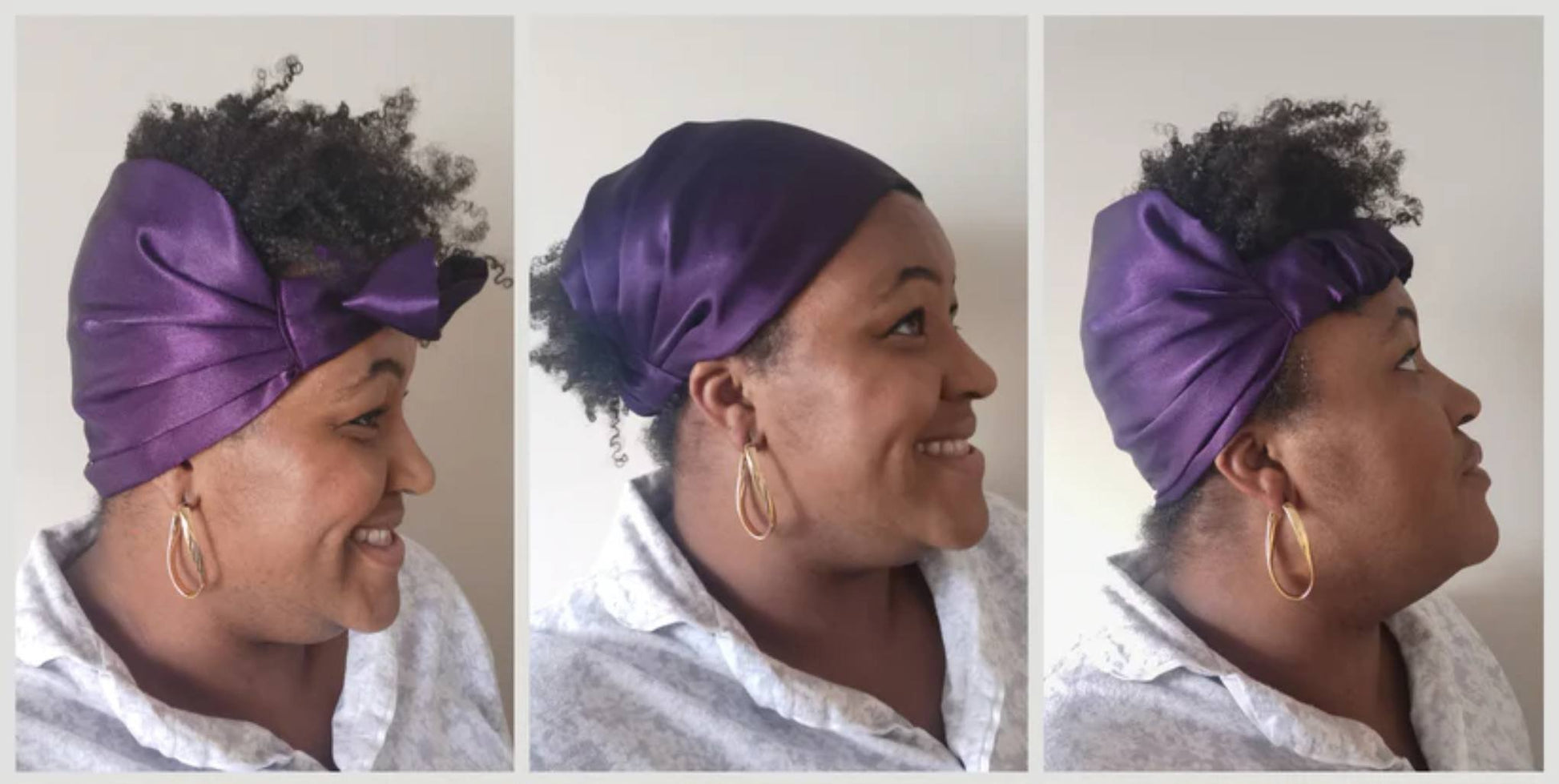 satin hair wraps on model - purple satin on natural hair