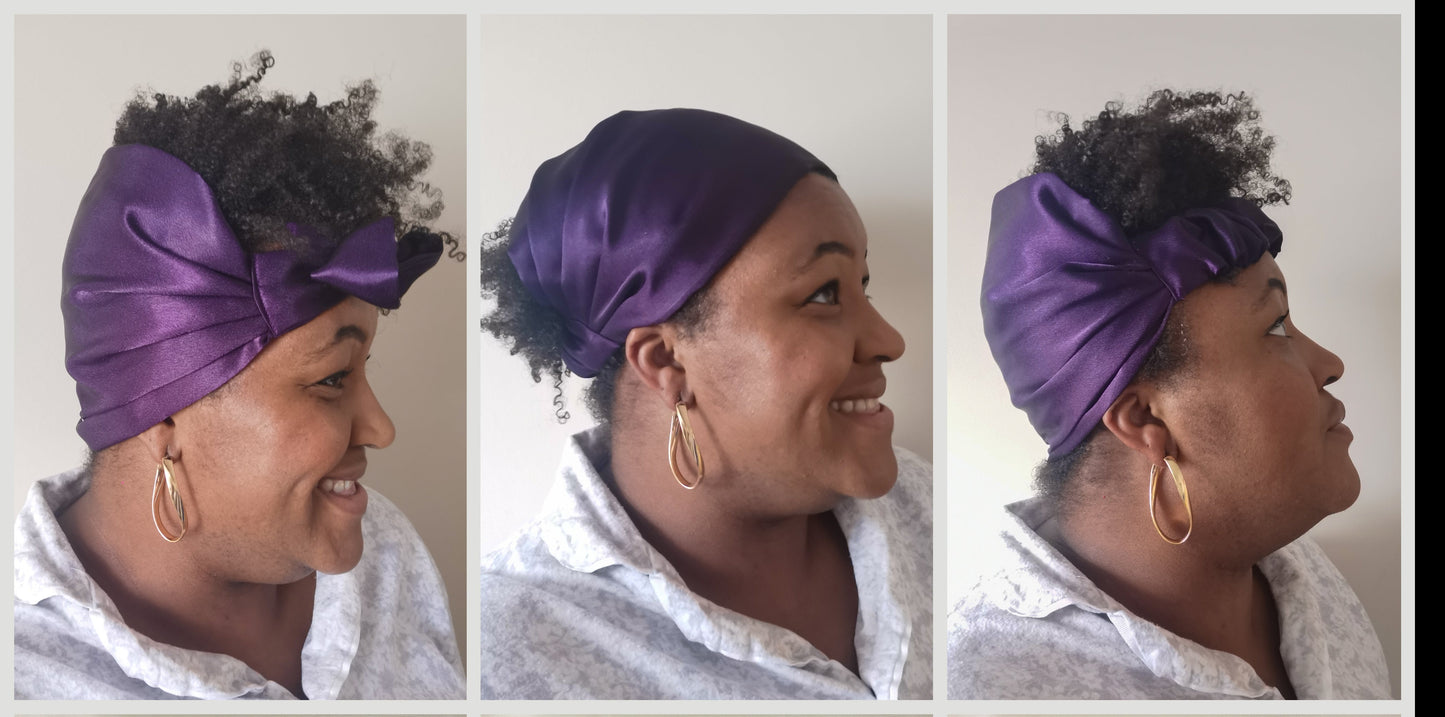 luxury satin hair wraps with elastic and tie closure on black model in grey pyjamas