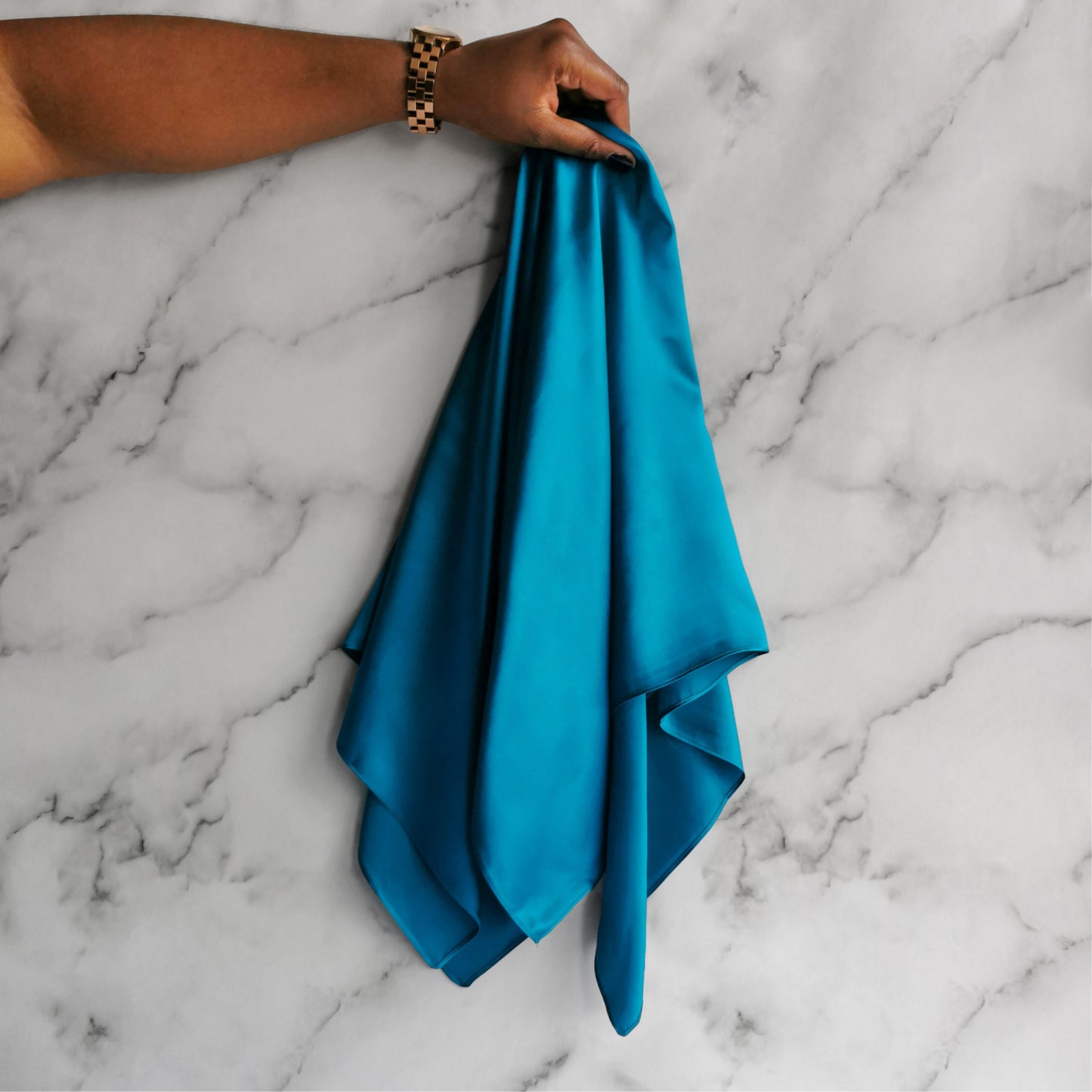 Natalie Anderson SLEEP WELL 16 momme mulberry silk satin 87 x 87cm hair scarf - hanging marble backdrop - Light Peacock