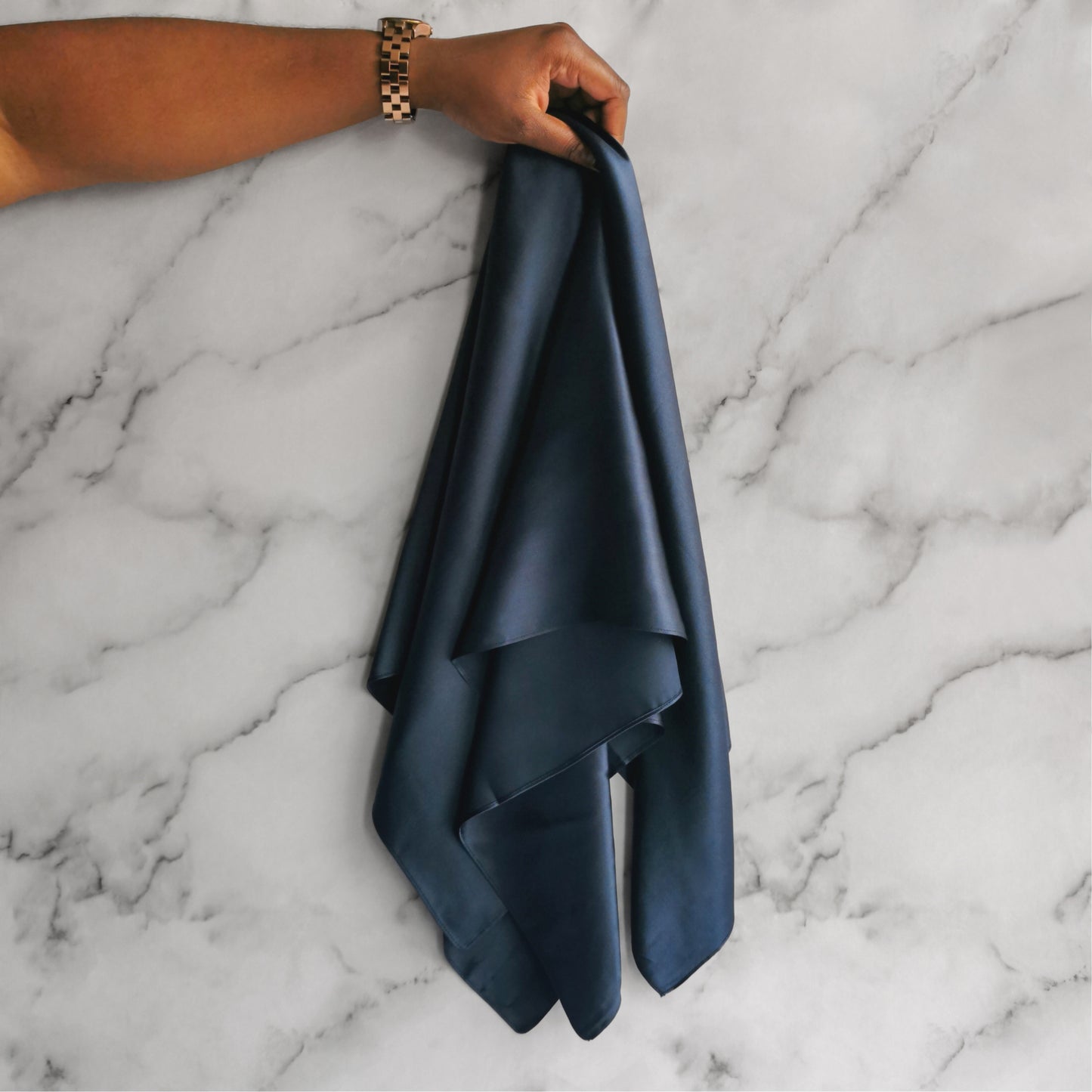 Natalie Anderson SLEEP WELL 16 momme mulberry silk satin 87 x 87cm hair scarf - hanging marble backdrop - Navy blue