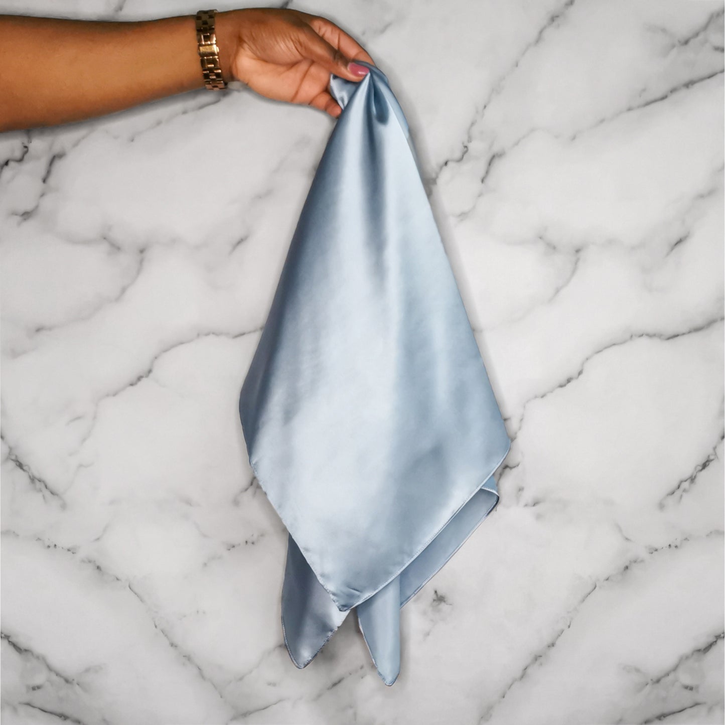 Natalie Anderson SLEEP WELL 16 momme mulberry silk satin 87 x 87cm hair scarf - hanging marble backdrop - blue grey