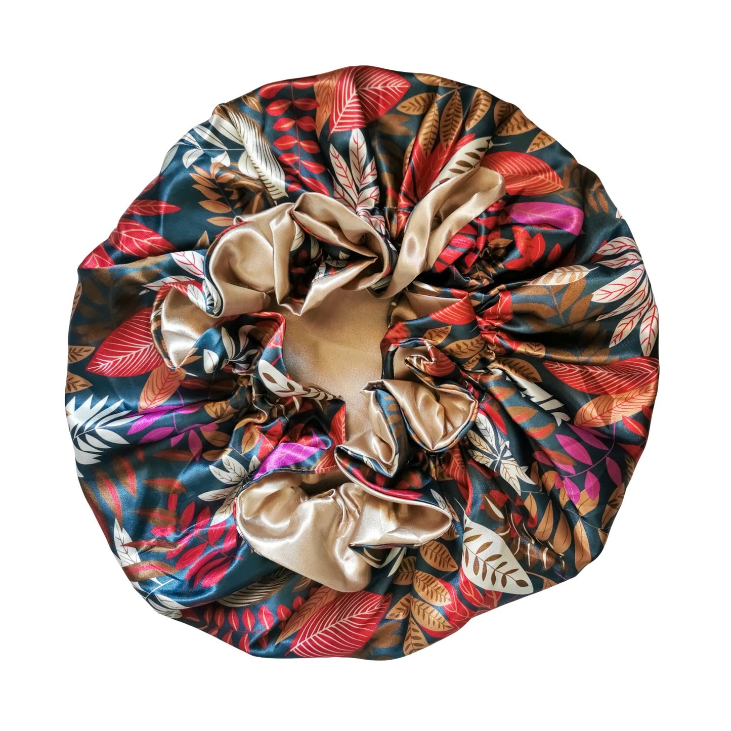 paradise print satin bonnet with leaves and frill finish - green with beige lining view