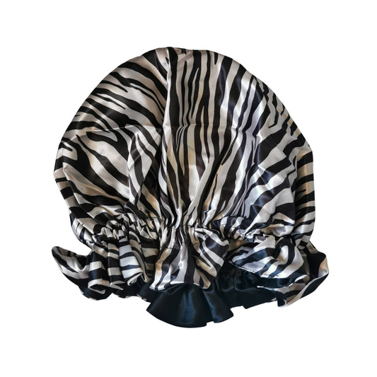 zebra print satin bonnet with frill finish and black lining - front view