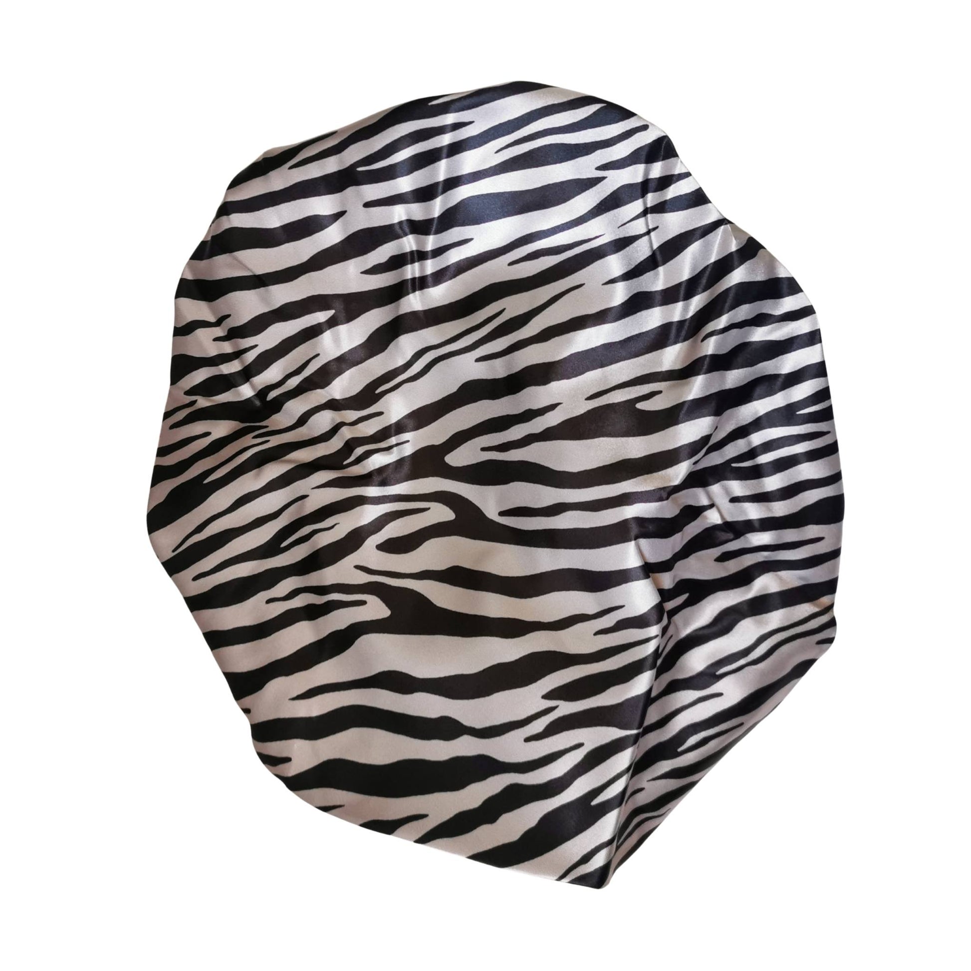 zebra print satin bonnet with frill finish and black lining - top print view