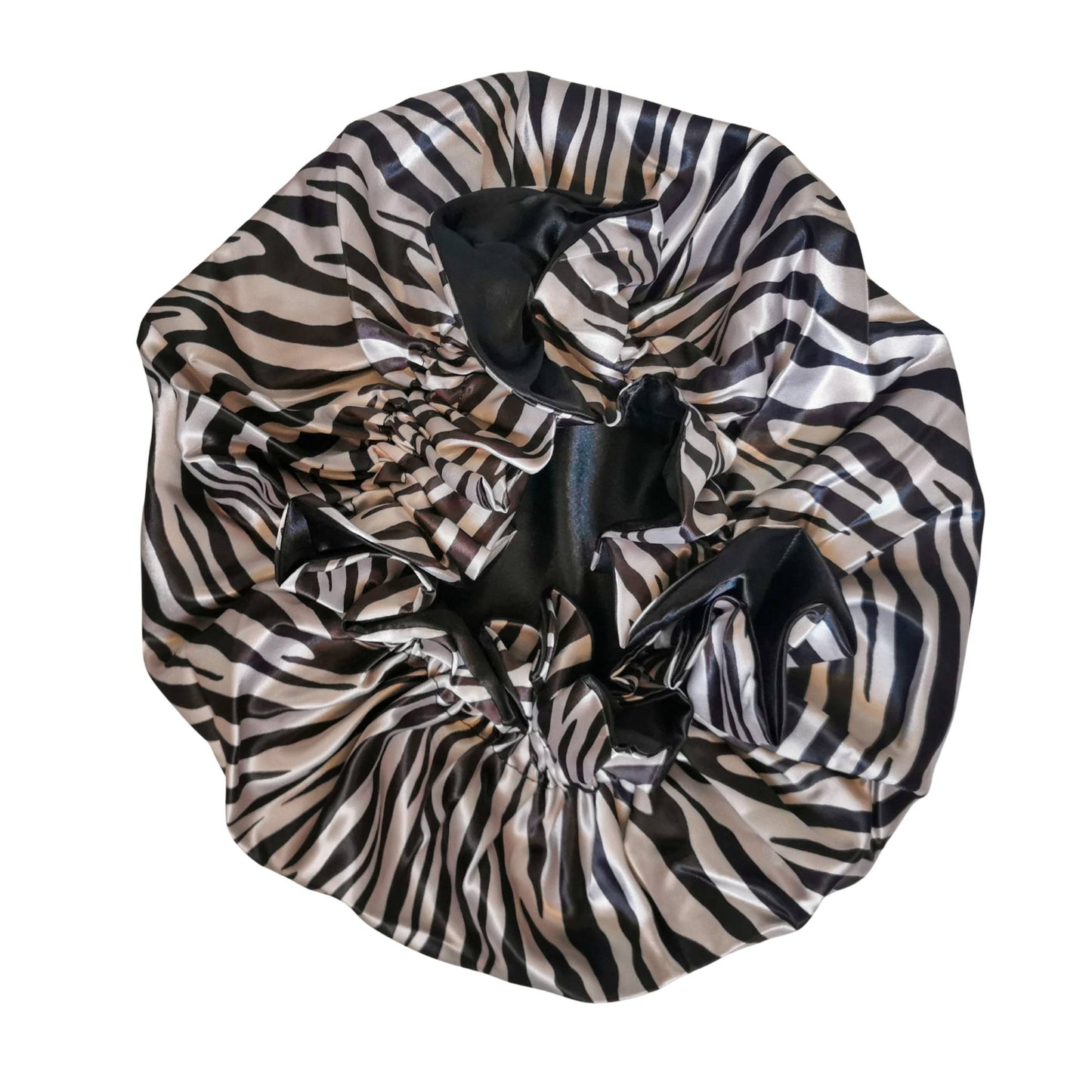 zebra print satin bonnet with frill finish and black lining - lining view
