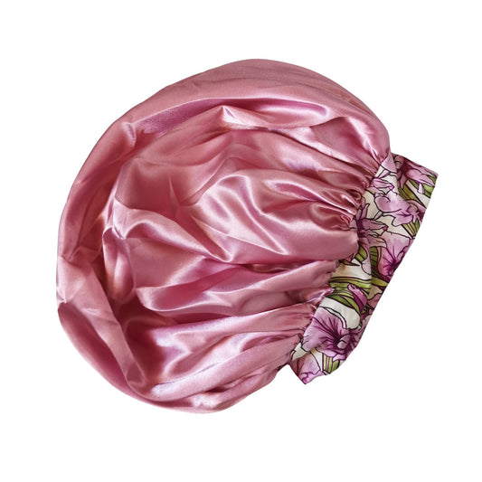 Hair wrap heaven comfort satin bonnet with floral band - pink