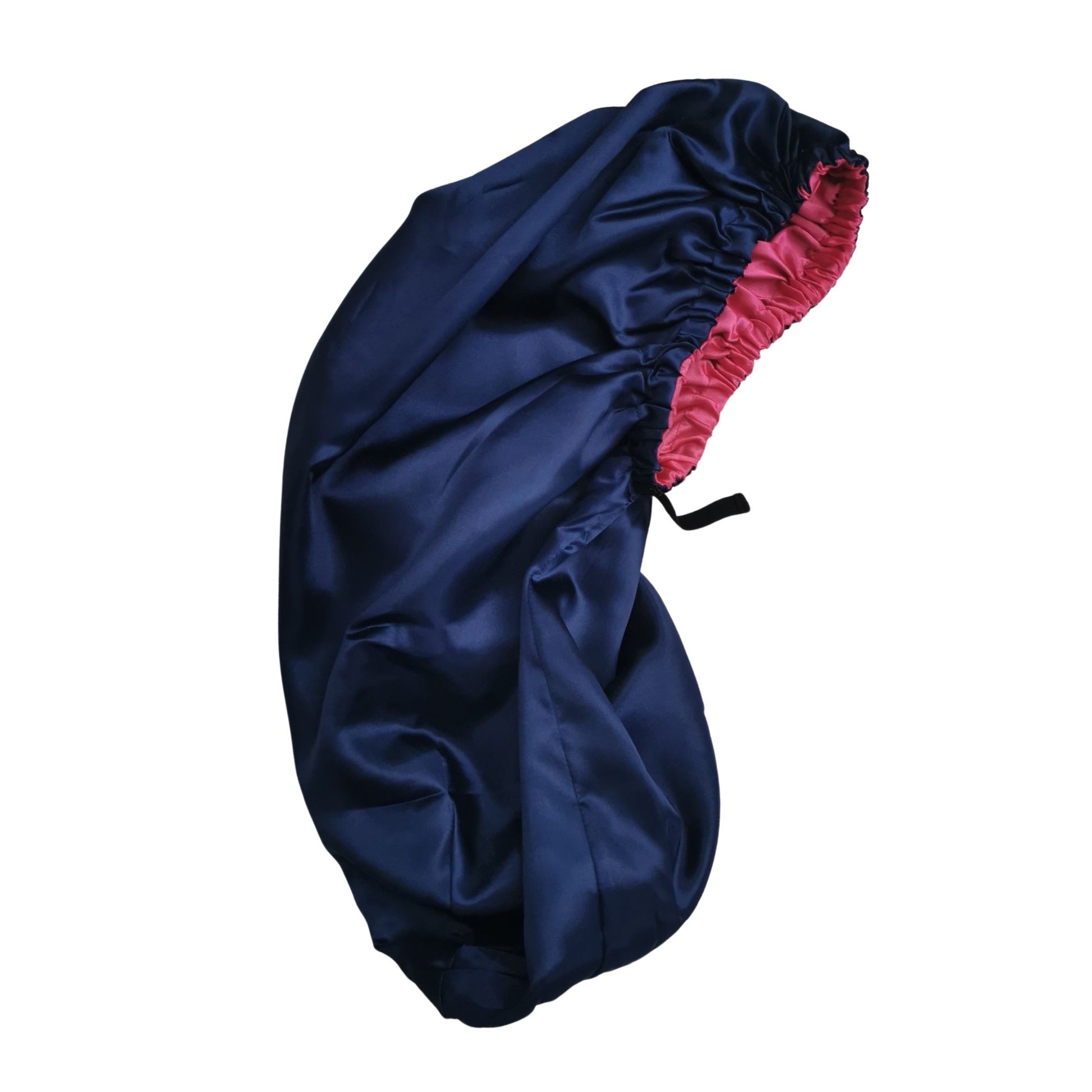 navy blue long satin bonnet with hot pink lining - side view