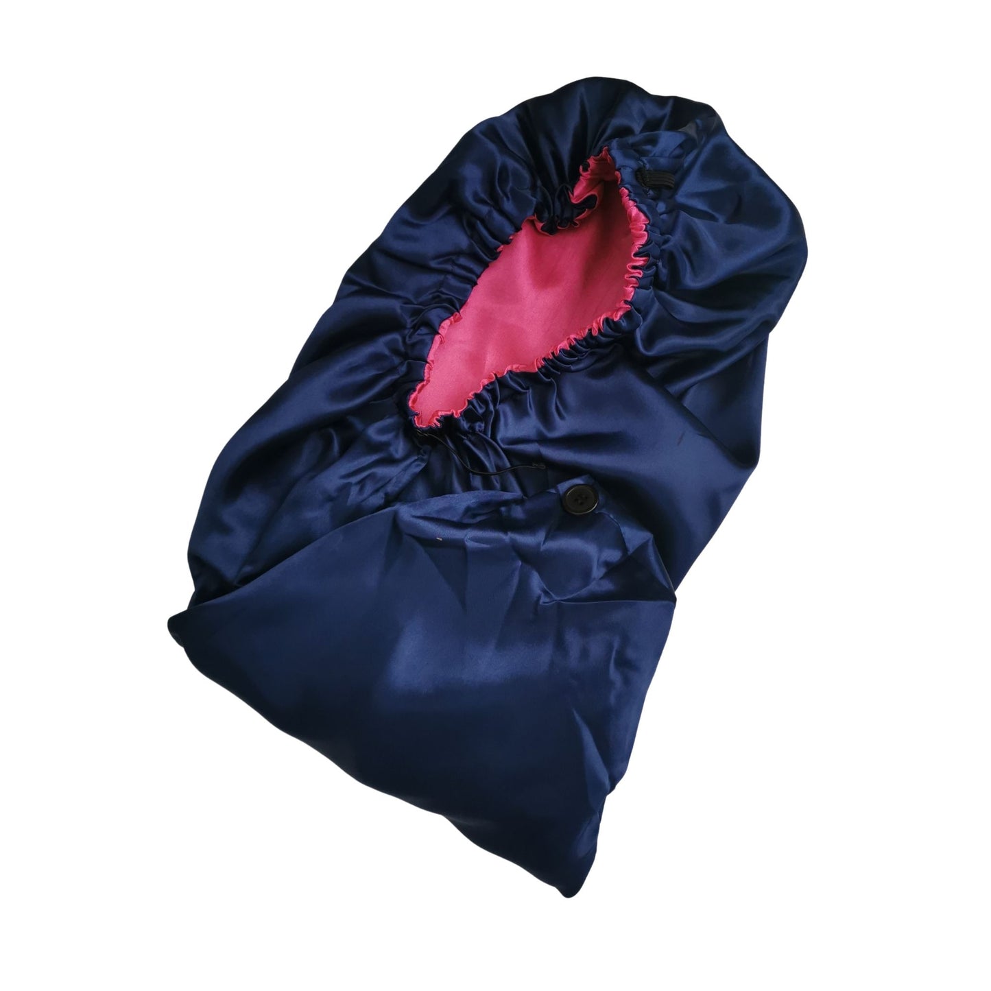 navy blue long satin bonnet with hot pink lining - flat elastic and button fastening view