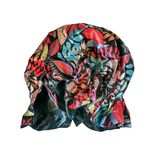 paradise print satin bonnet with leaves and frill finish - black with black lining