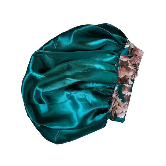 Hair wrap heaven comfort satin bonnet with floral band - emerald green
