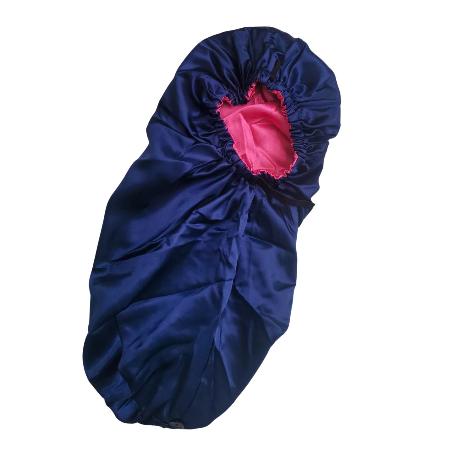 navy blue long satin bonnet with hot pink lining - flat view