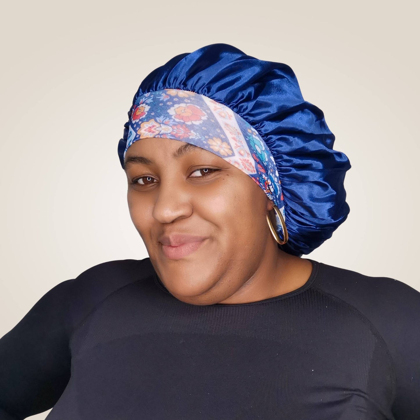 Hair wrap heaven comfort satin bonnet with floral band - blue model shot
