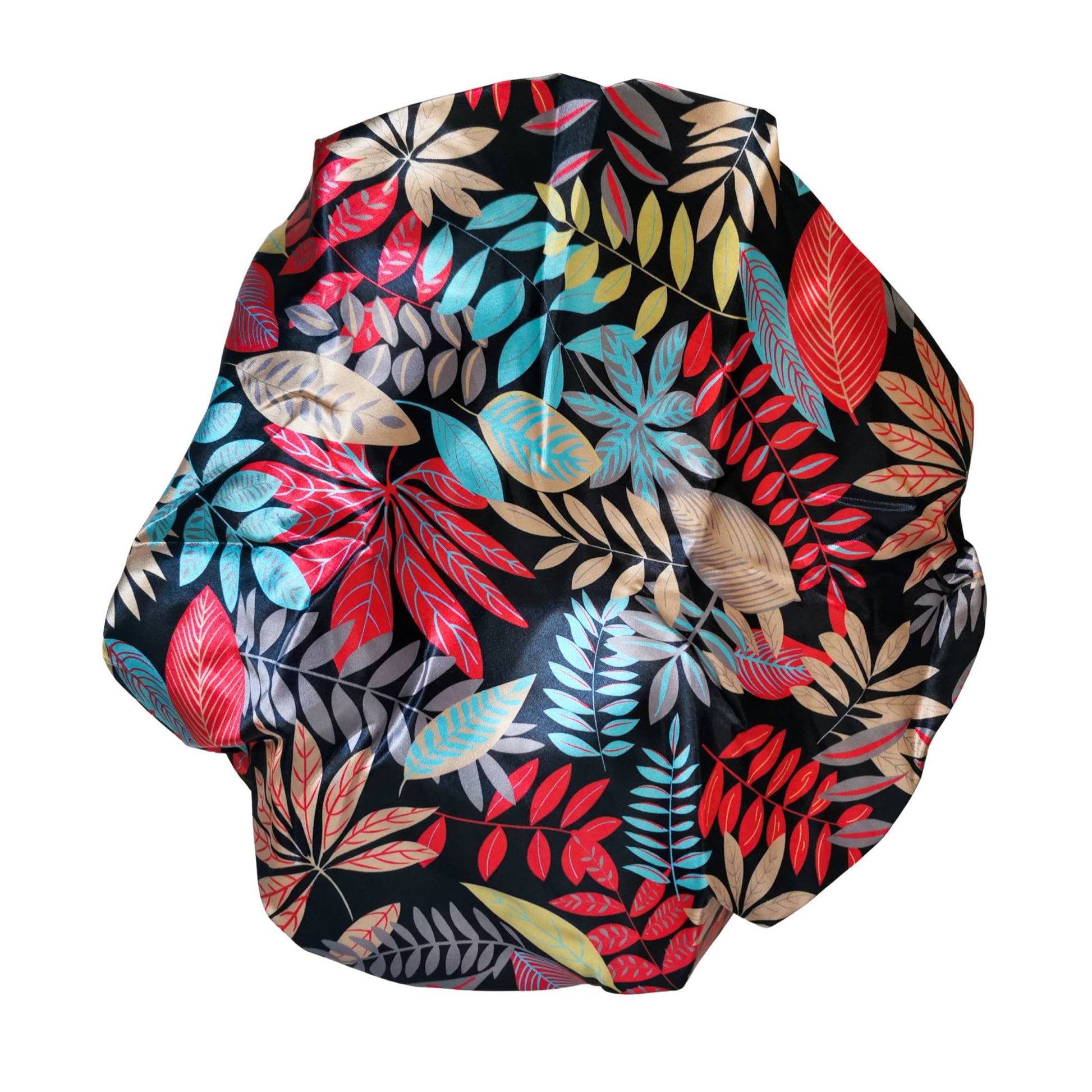 paradise print satin bonnet with leaves and frill finish - black pattern view