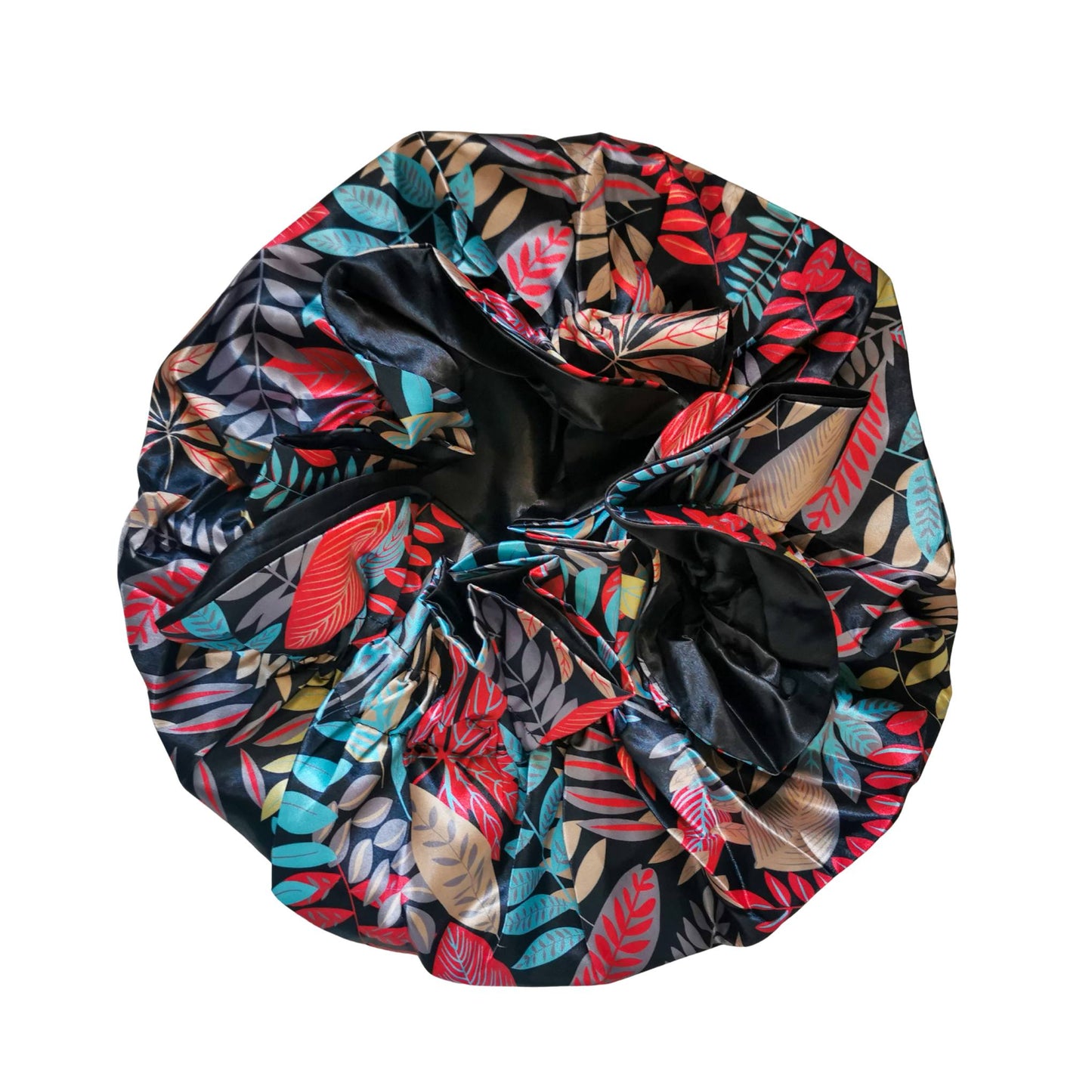 paradise print satin bonnet with leaves and frill finish - black with black lining view