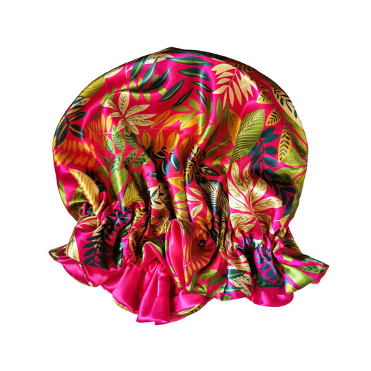paradise print satin bonnet with leaves and flowers - pink with pink lining