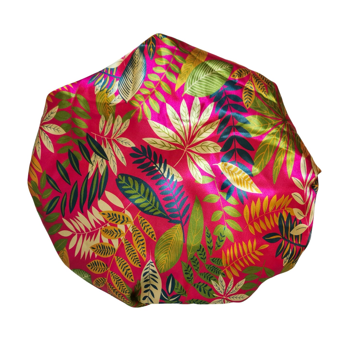 paradise print satin bonnet with leaves and flowers - pink top print view