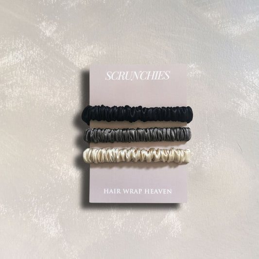 silk scrunchies in skinny style from hair wrap heaven - black, charcoal grey and champagne colours