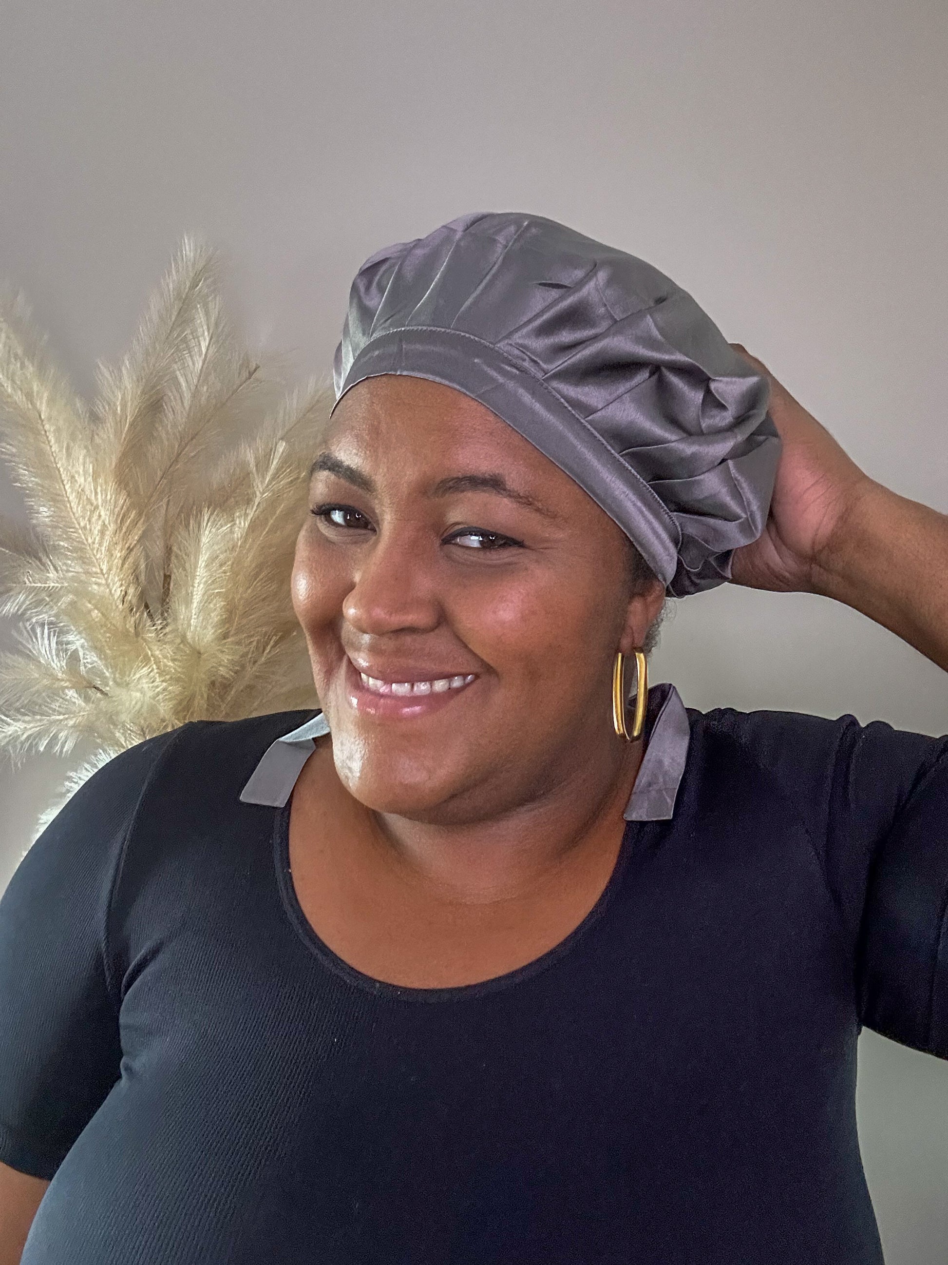 silk bonnet with ties - black female plus size model view