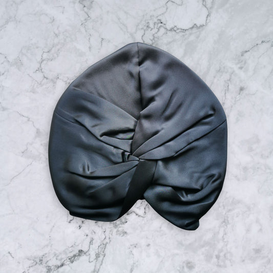 silk bonnet with twist detail to front elastic to back - dark charcoal grey front view