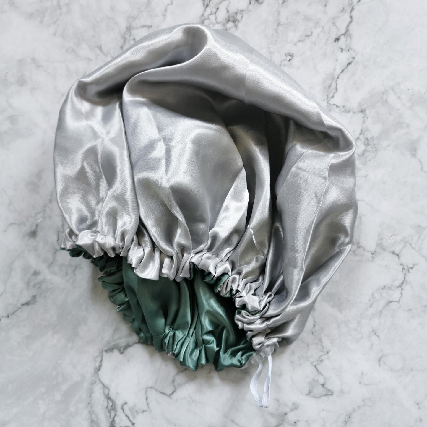 Hair Wrap Heaven Stays on satin bonnet-Sage and silver drawstring image