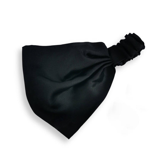 Luxury black satin hair wrap with elastic head scarf tie in black