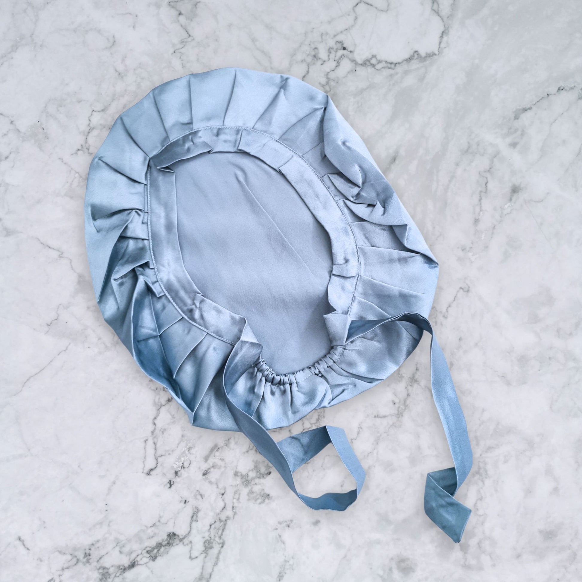 silk bonnet with hair wrap ties - blue grey colour flat view