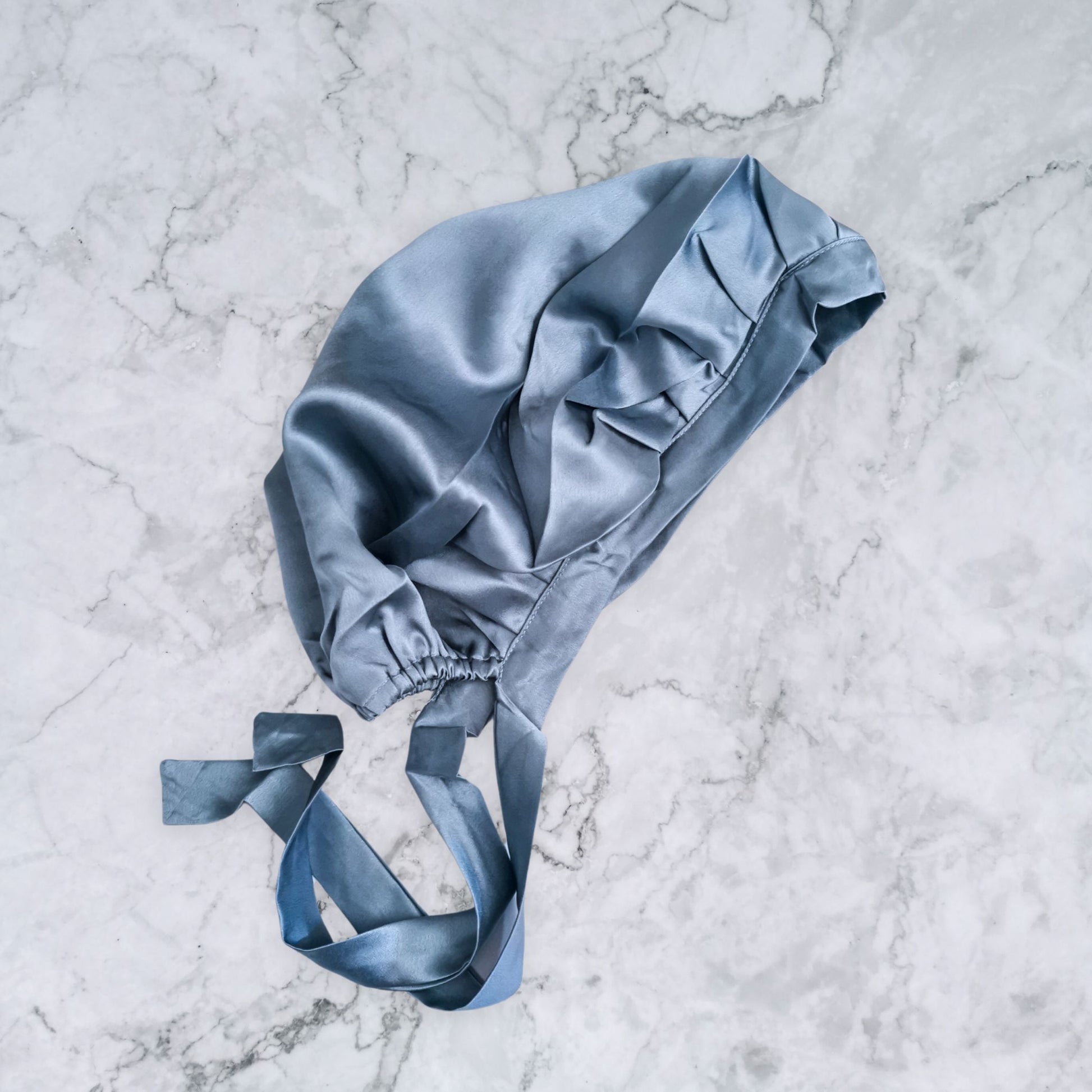 silk bonnet with hair wrap ties - blue grey colour side view