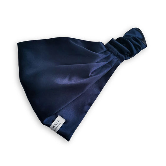 Satin sleep hair wrap in navy blue with elastic close and sleep well label