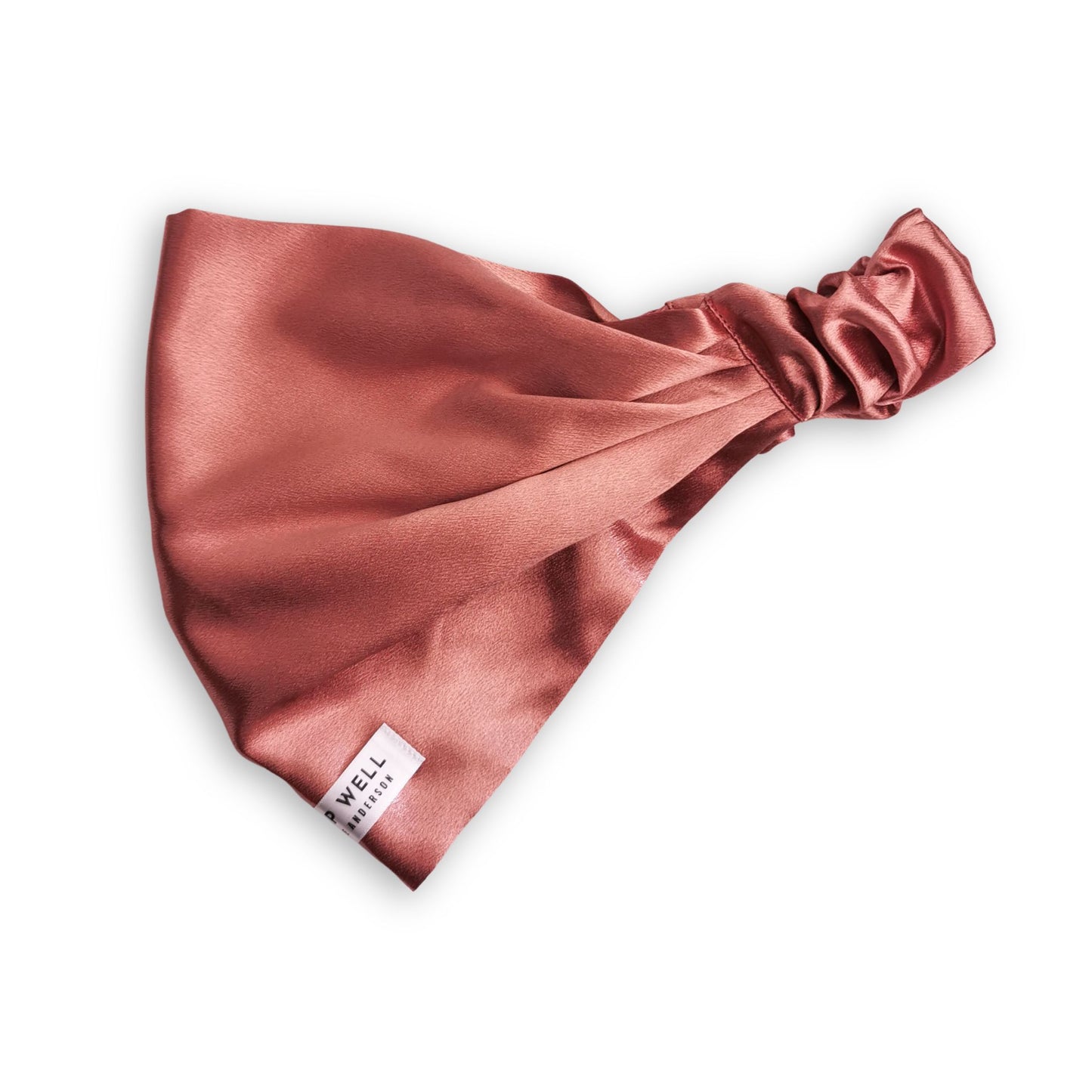 rose gold colour satin hair wrap with sleep well label and elastic band closure